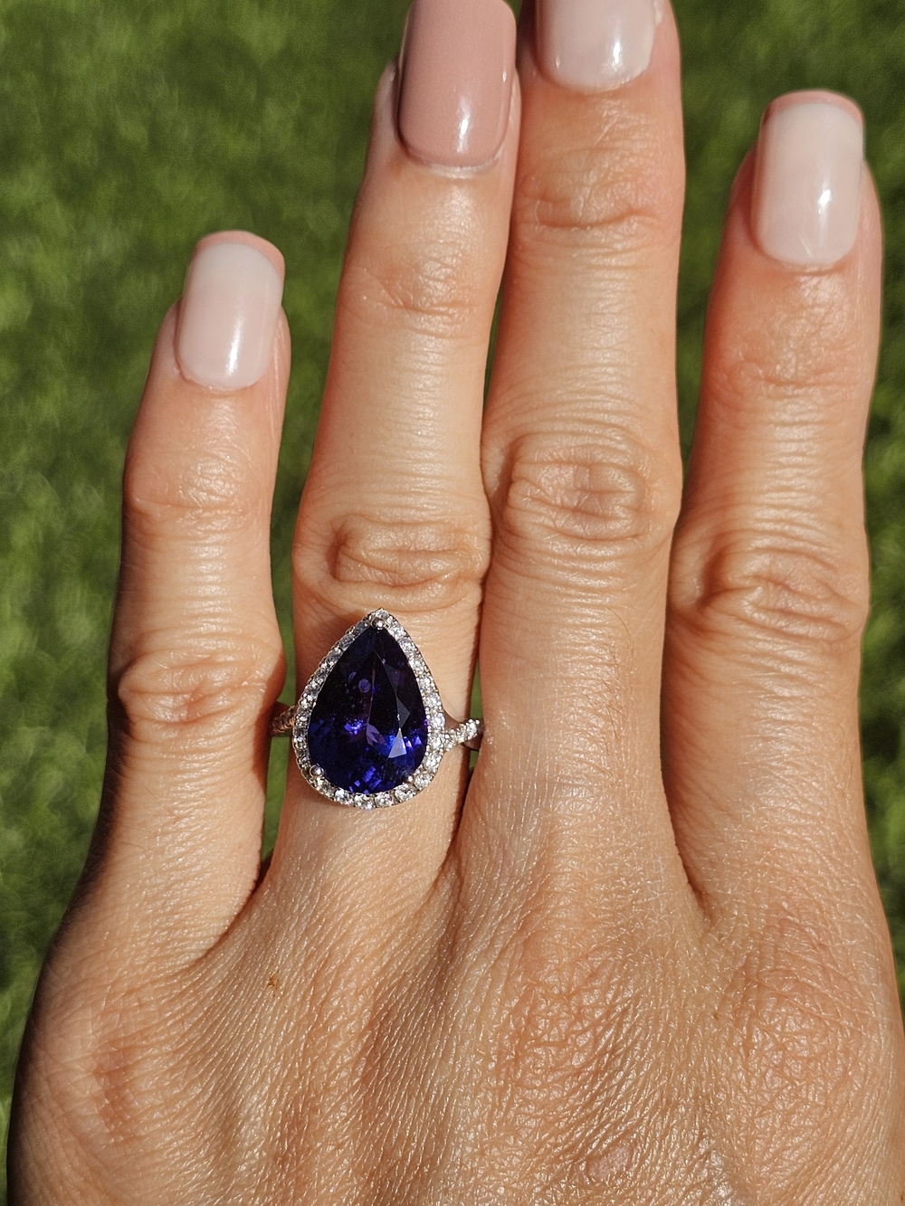 14k White Gold Teardrop Deep Blue Tanzanite Halo Diamond Ring